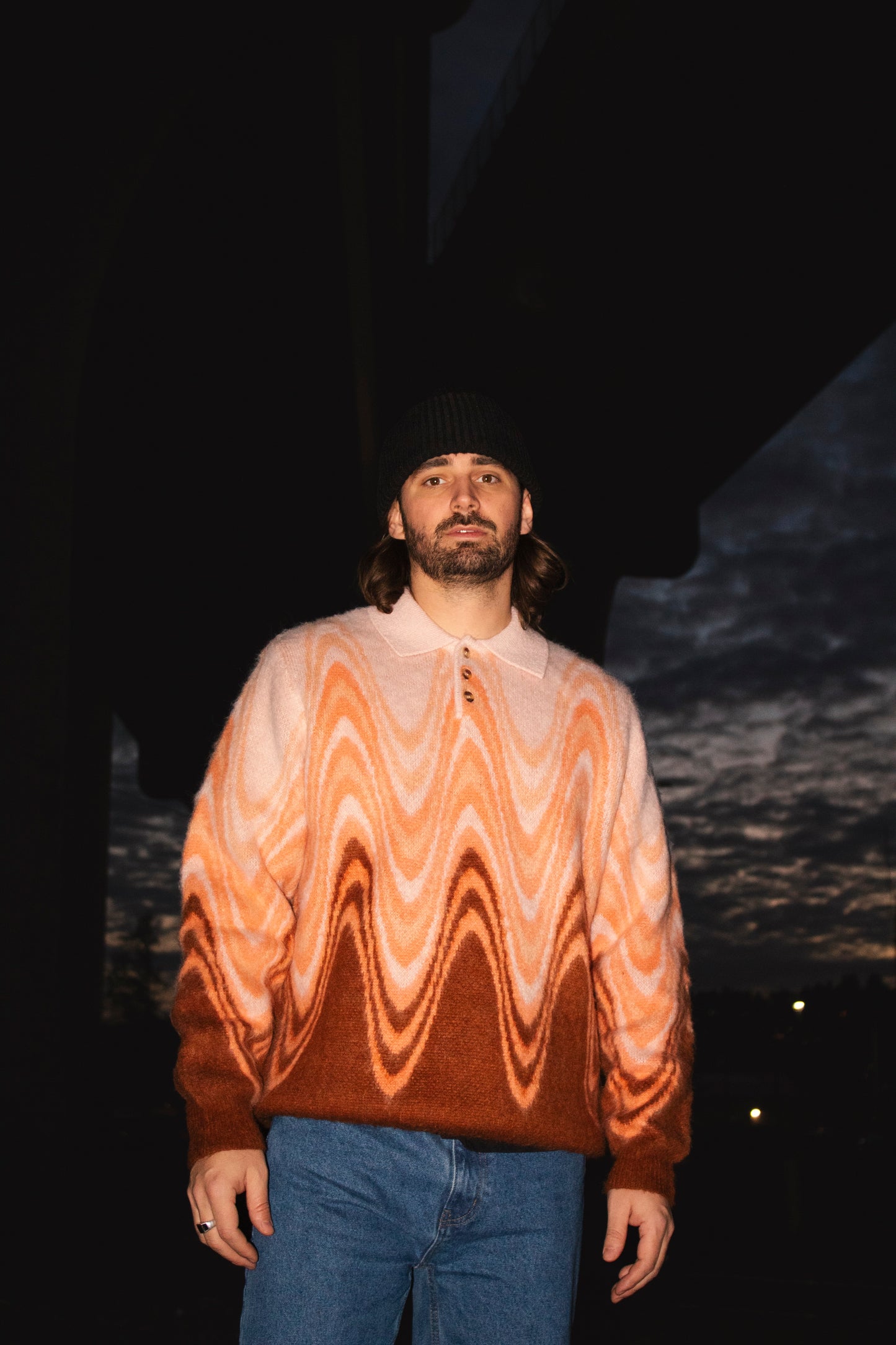 Ripple Knit Mohair Polo Sweater