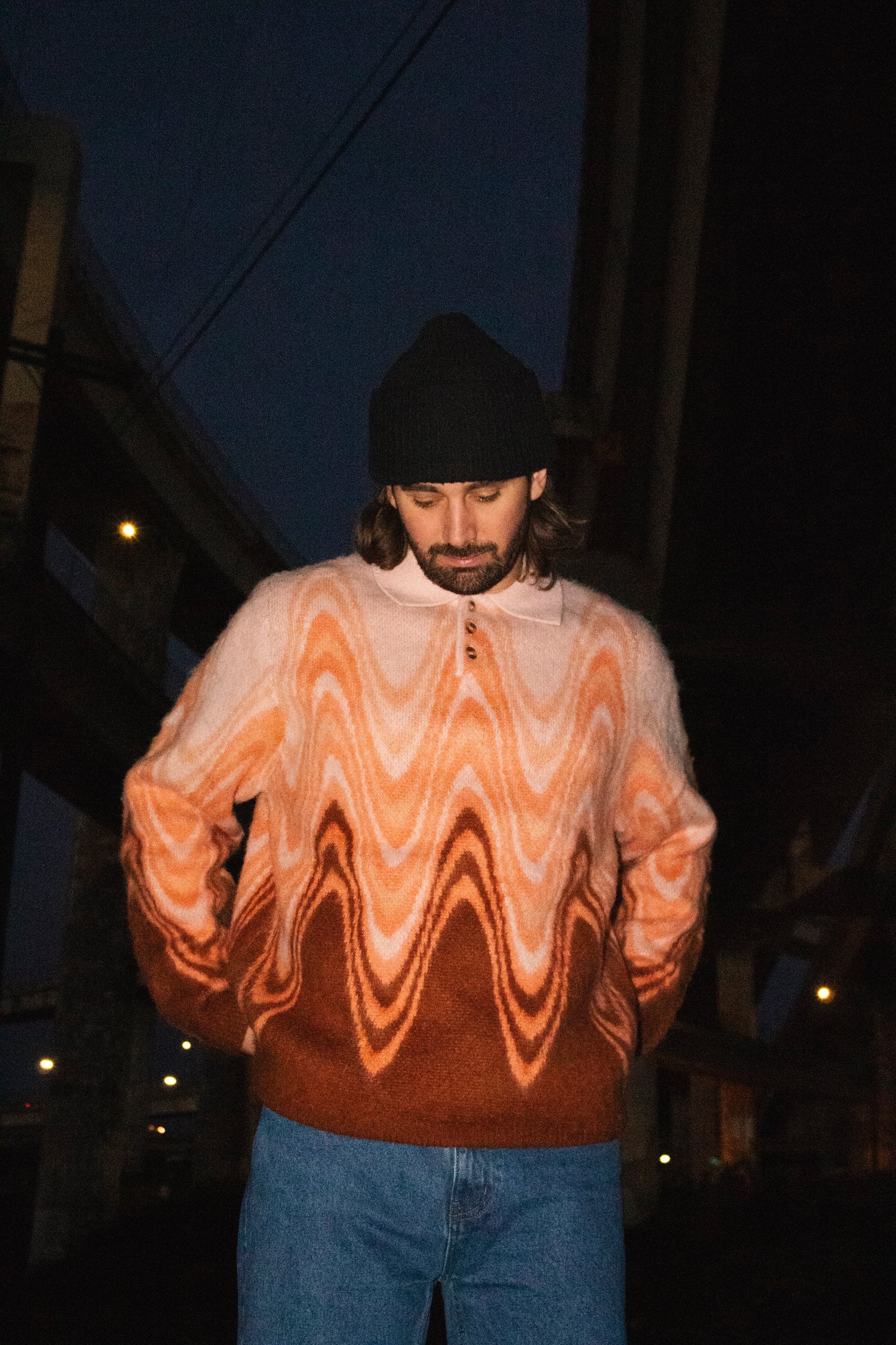 Ripple Knit Mohair Polo Sweater