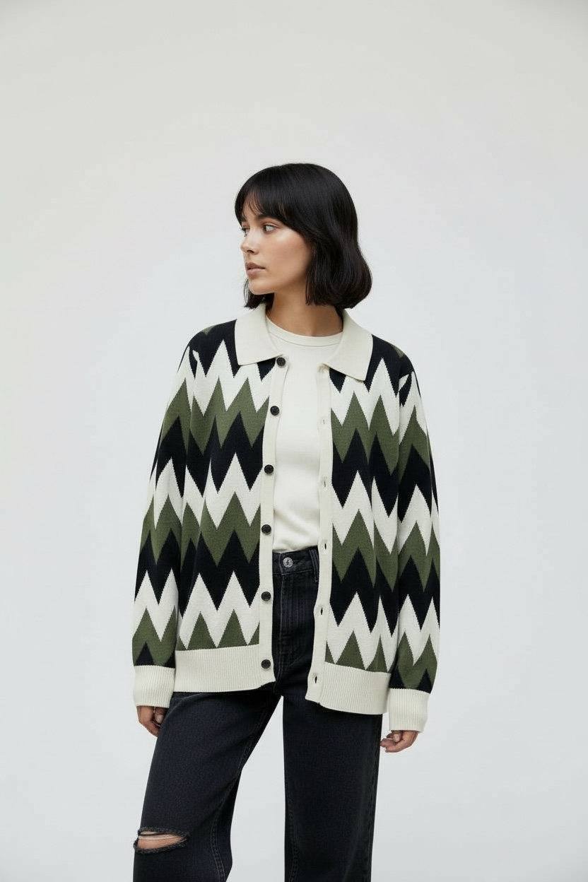 Zig Zag Knit Polo Cardigan - Green/Cream/Black