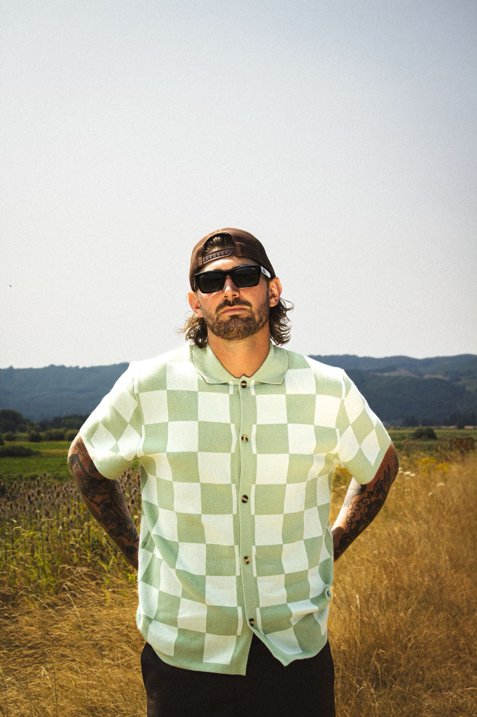 Checkered Knit Jacquard Short Sleeve Button Up - Green MEDIUM Checkered Knit Jacquard Short Sleeve Button Up - Green MEDIUM