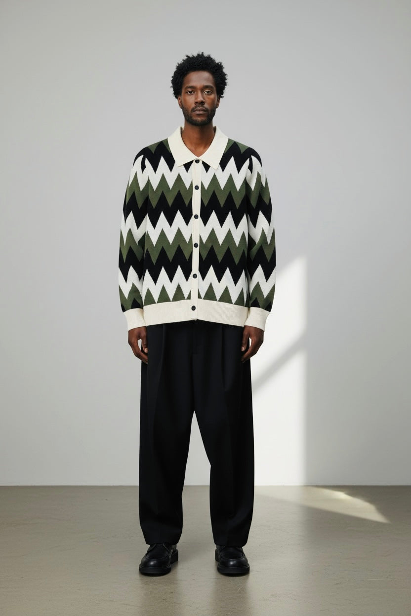Zig Zag Knit Polo Cardigan - Green/Cream/Black