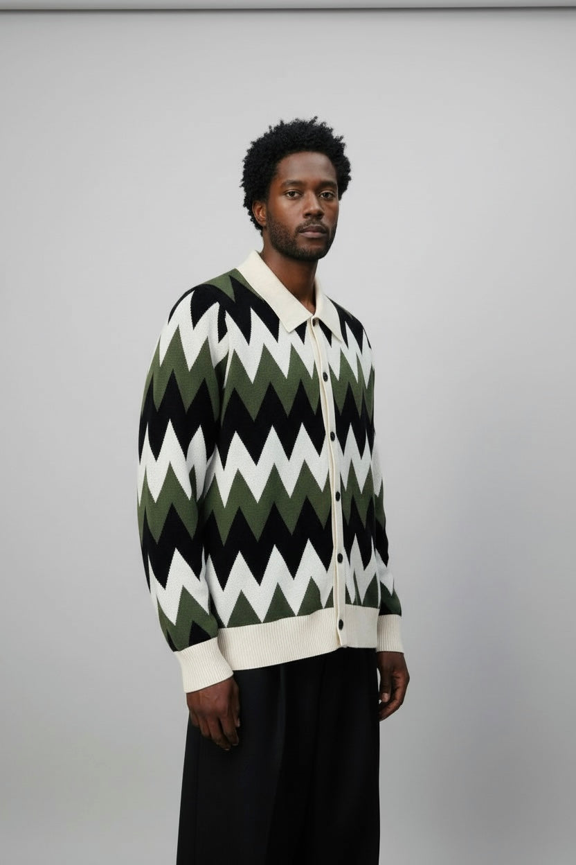 Zig Zag Knit Polo Cardigan - Green/Cream/Black