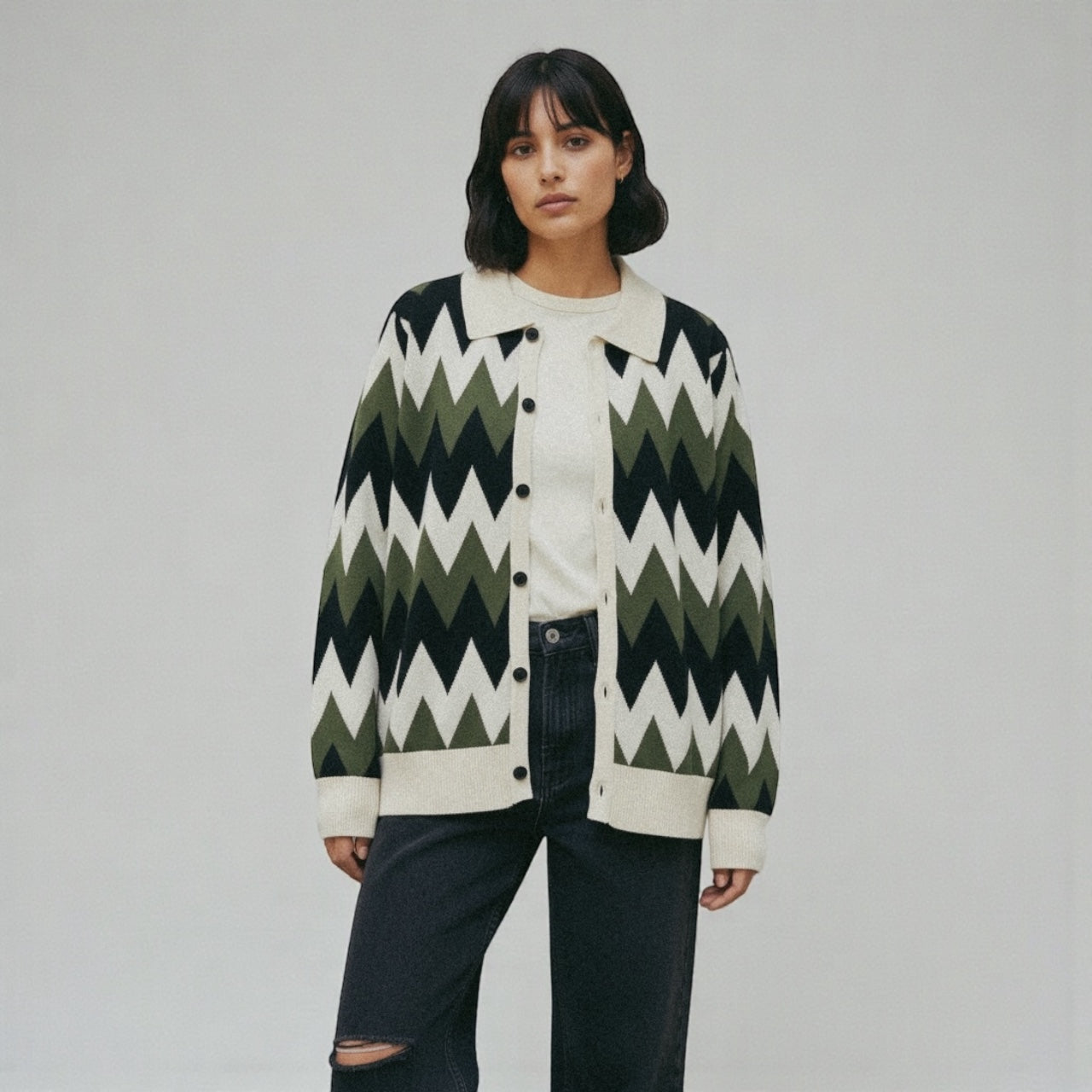 Zig Zag Knit Polo Cardigan - Green/Cream/Black