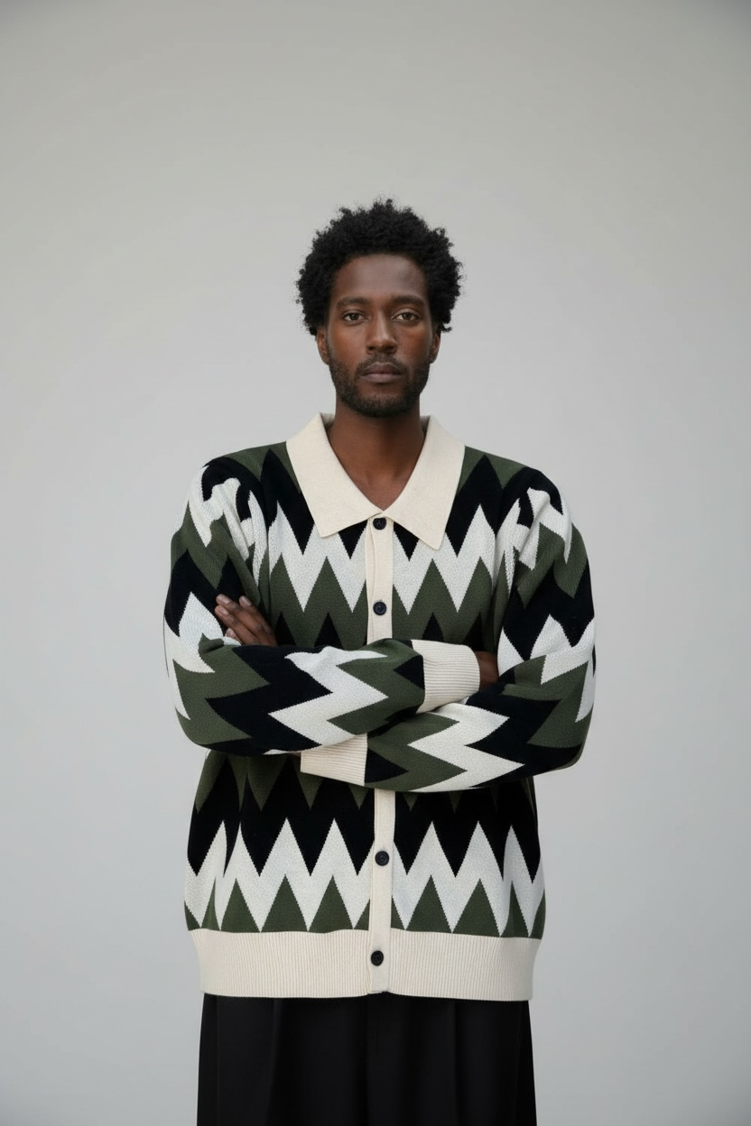 Zig Zag Knit Polo Cardigan - Green/Cream/Black