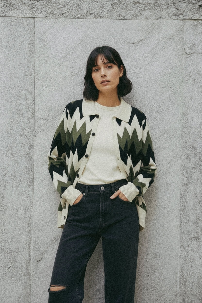 Zig Zag Knit Polo Cardigan - Green/Cream/Black