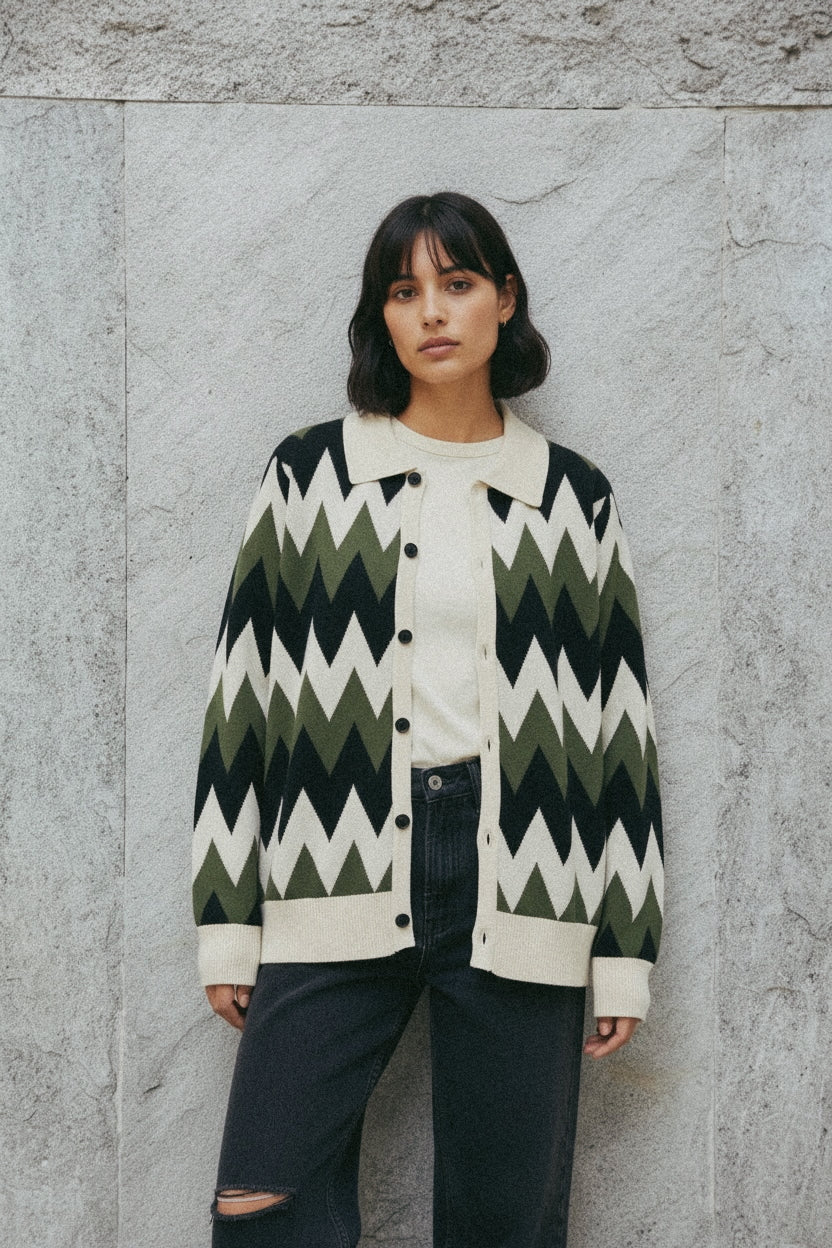 Zig Zag Knit Polo Cardigan - Green/Cream/Black