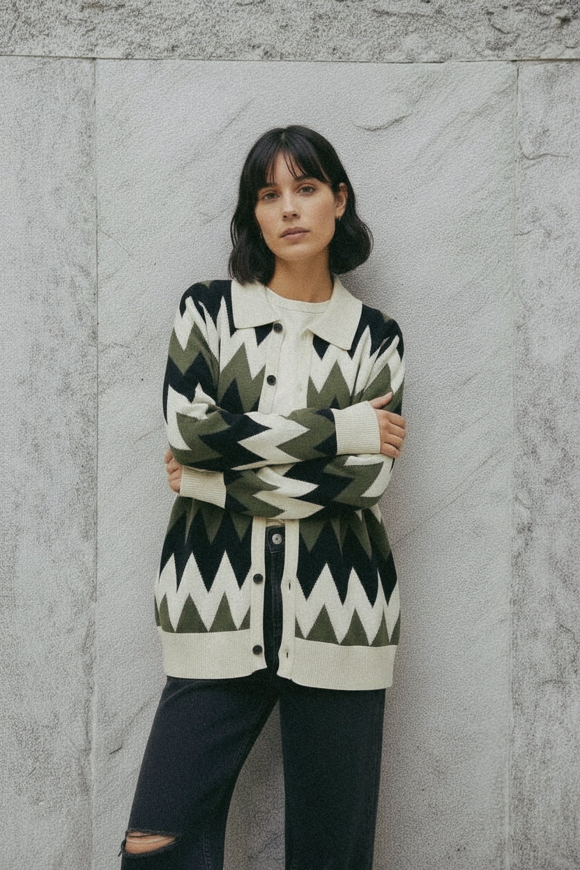 Zig Zag Knit Polo Cardigan - Green/Cream/Black