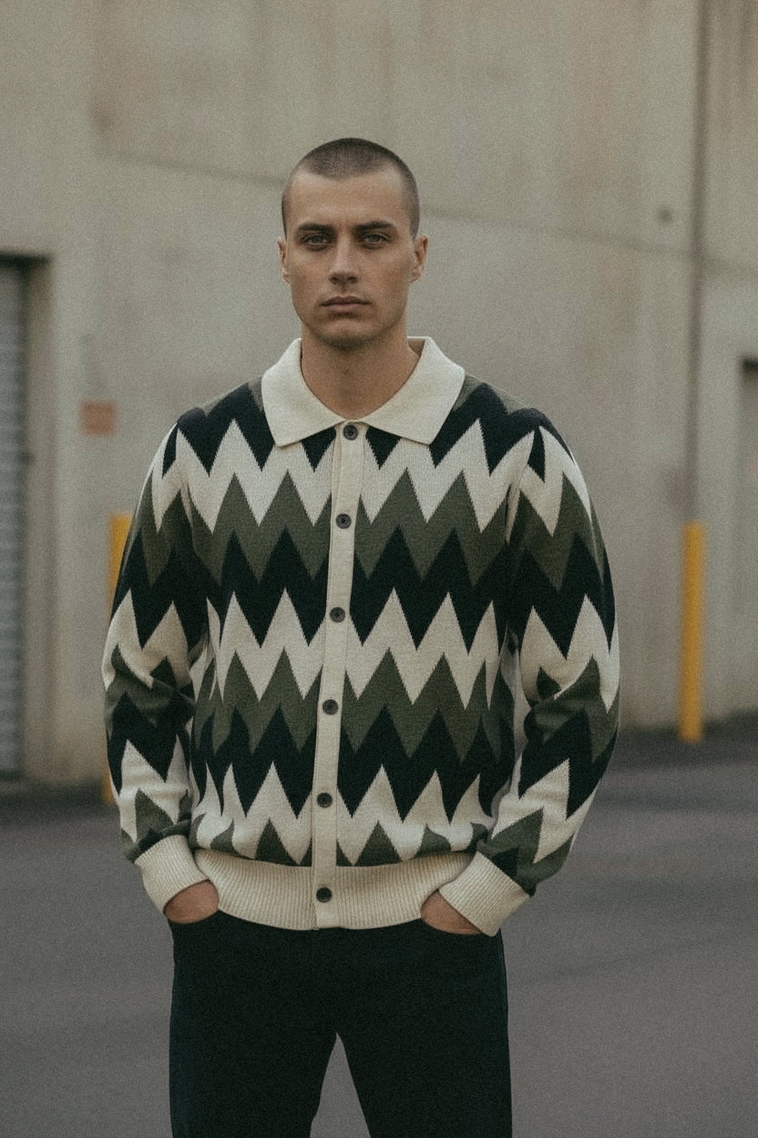Zig Zag Knit Polo Cardigan - Green/Cream/Black