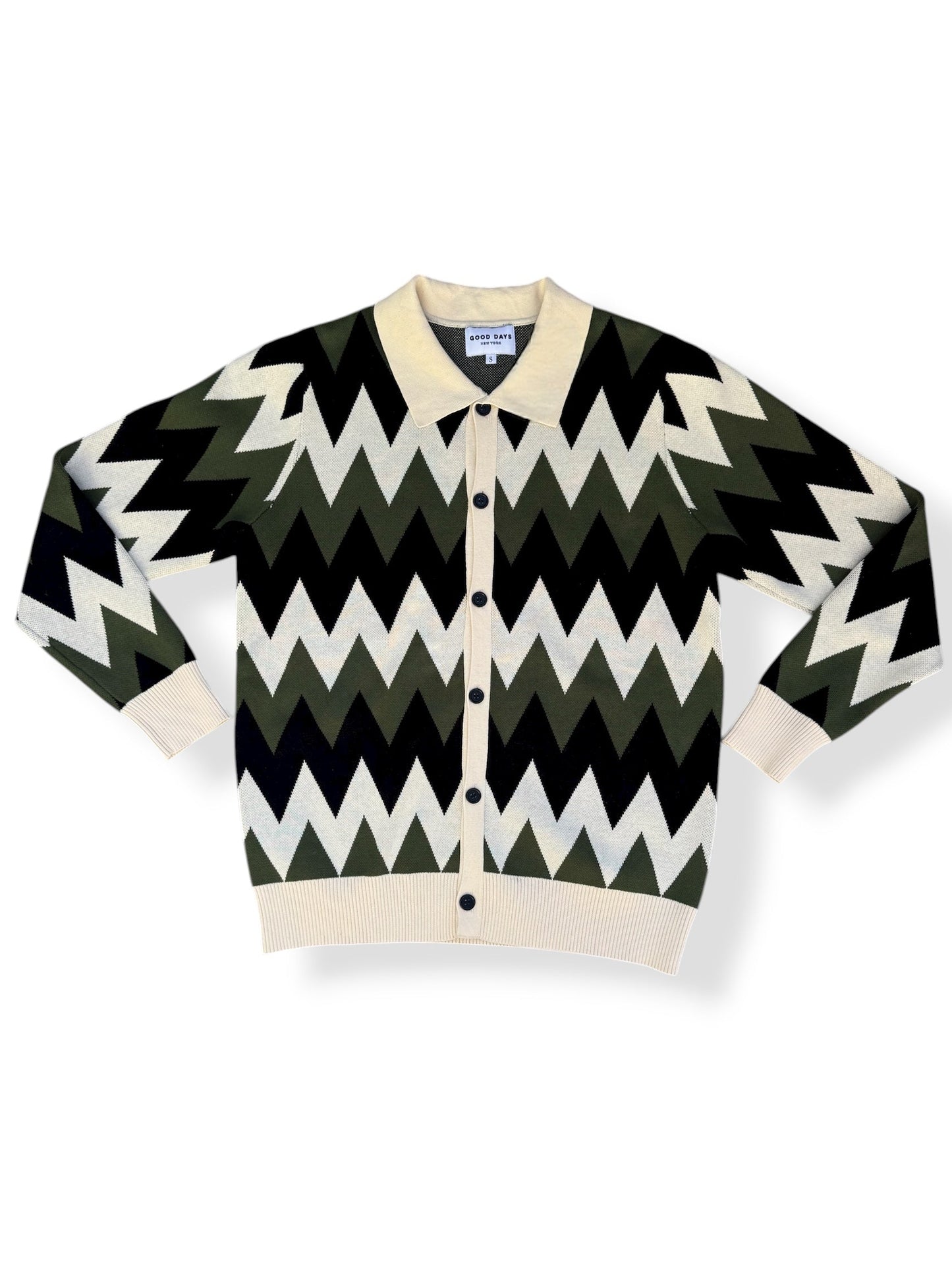 Zig Zag Knit Polo Cardigan - Green/Cream/Black